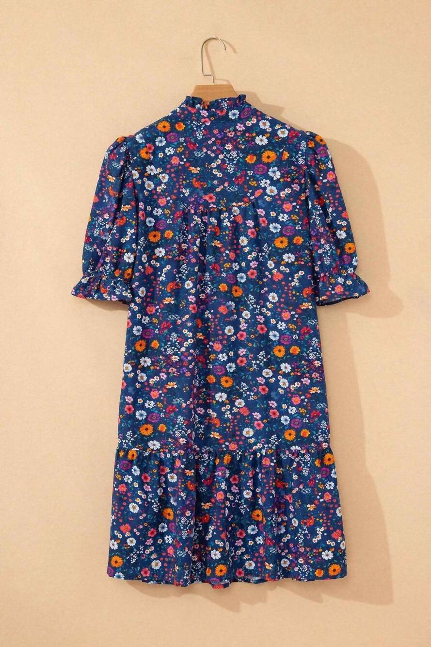 NEW PRETTY BASH floral split neck puff sleeve mini dress in blue - Picture 3 of 5